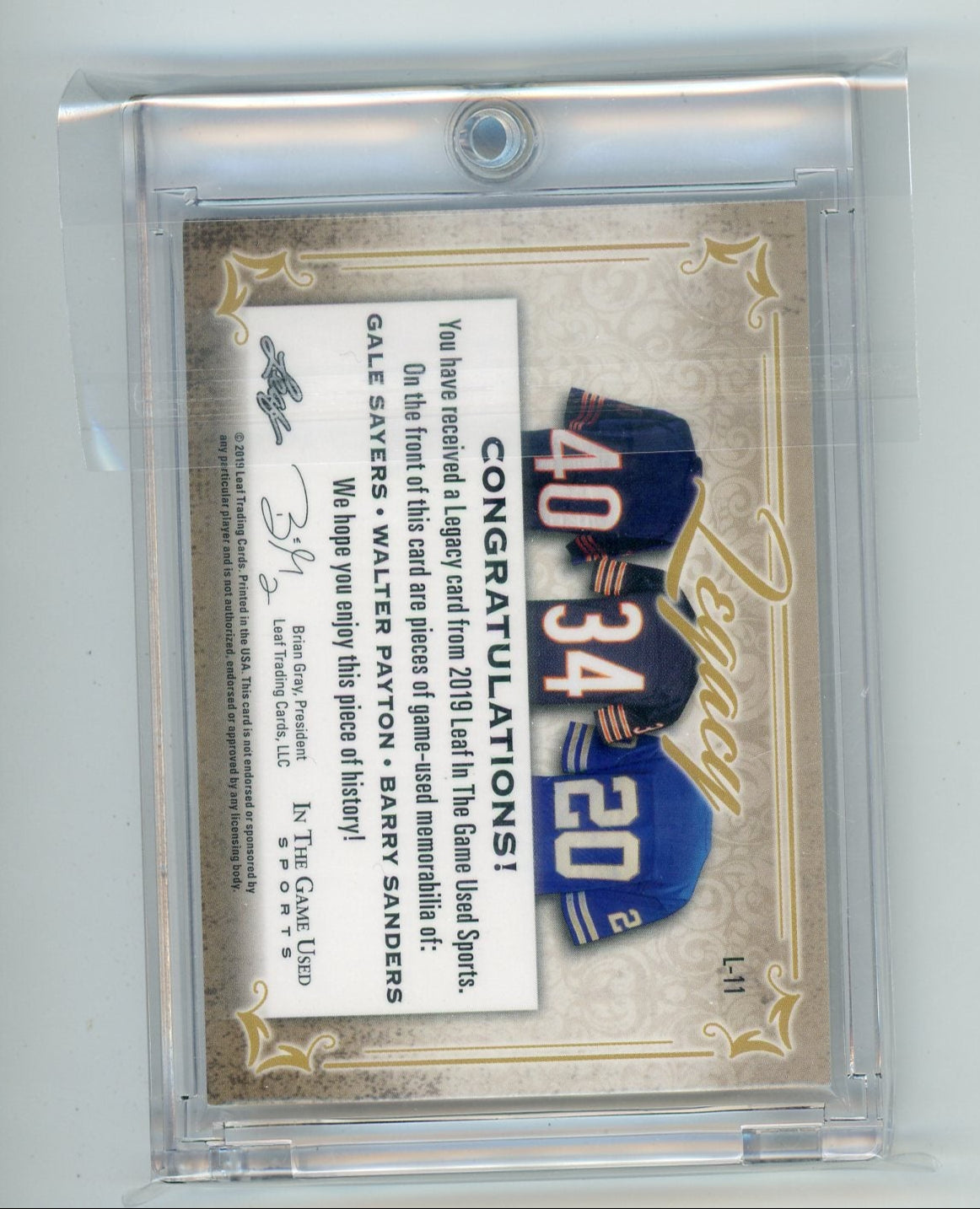 Sayers/Payton/Sanders 2019 Leaf Legacy In the Game Used Sports Red #'d 3/3