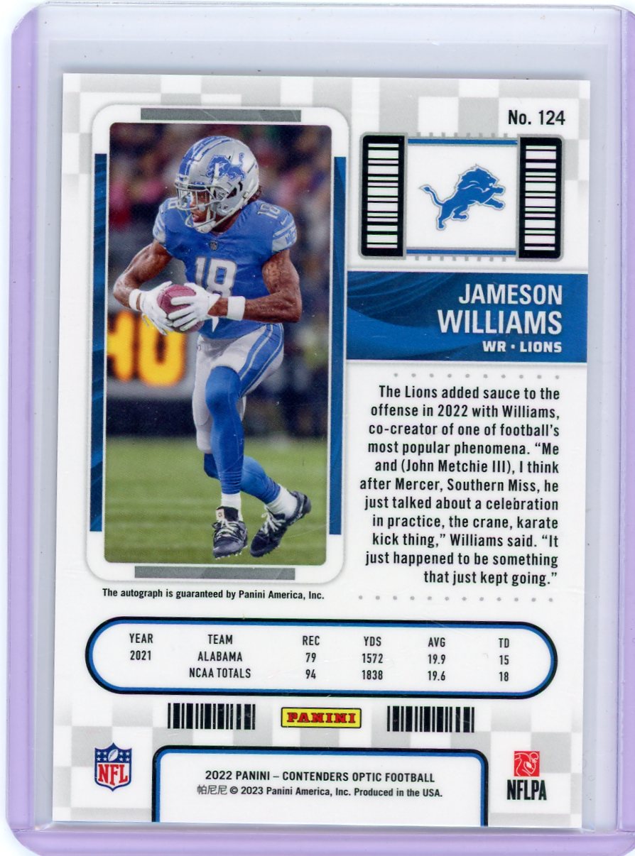 Jameson Williams 2022 Panini Contenders Optic Rookie Ticket Autograph