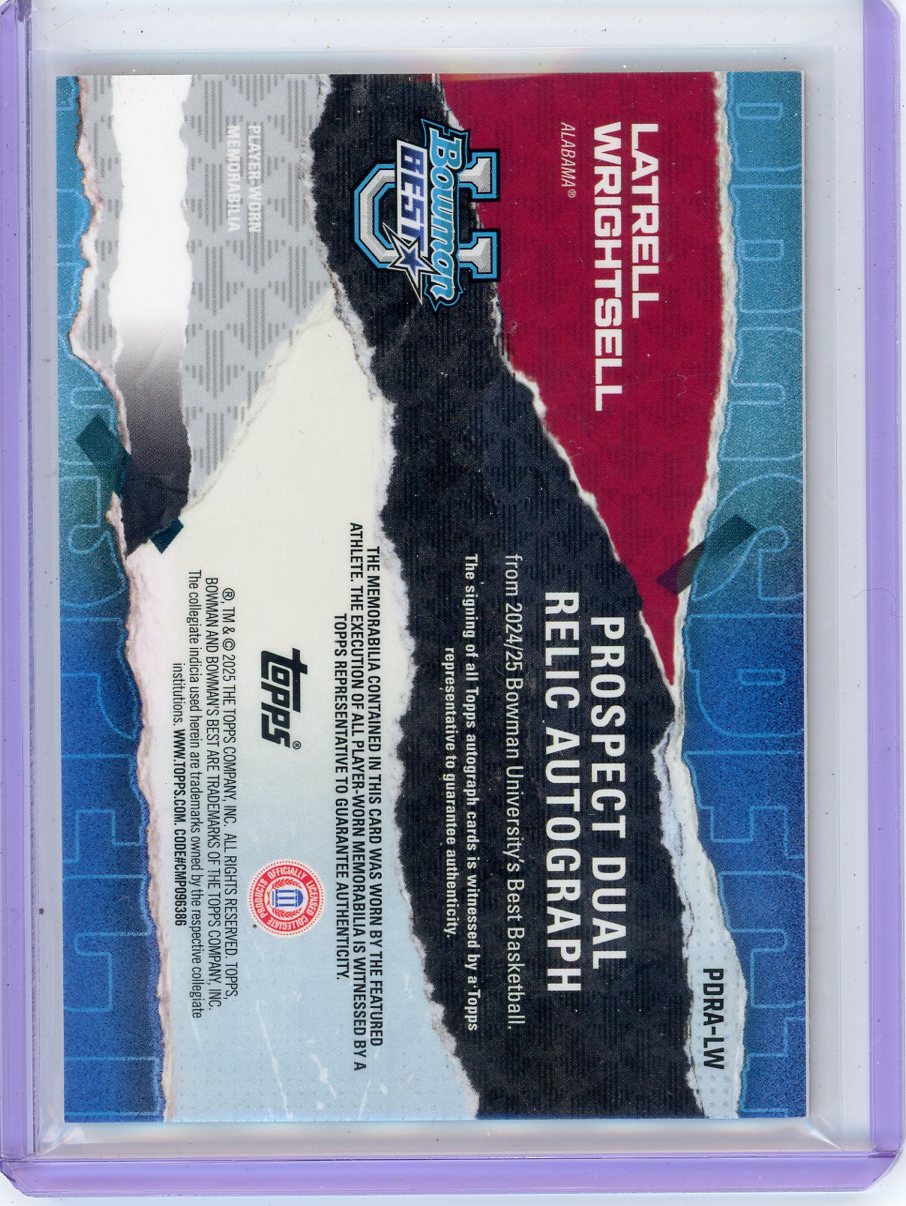 L. Wrightsell 2024-25 Bowman U Best Prospect Dual Relic Autograph Orange Geometric #'d 15/25