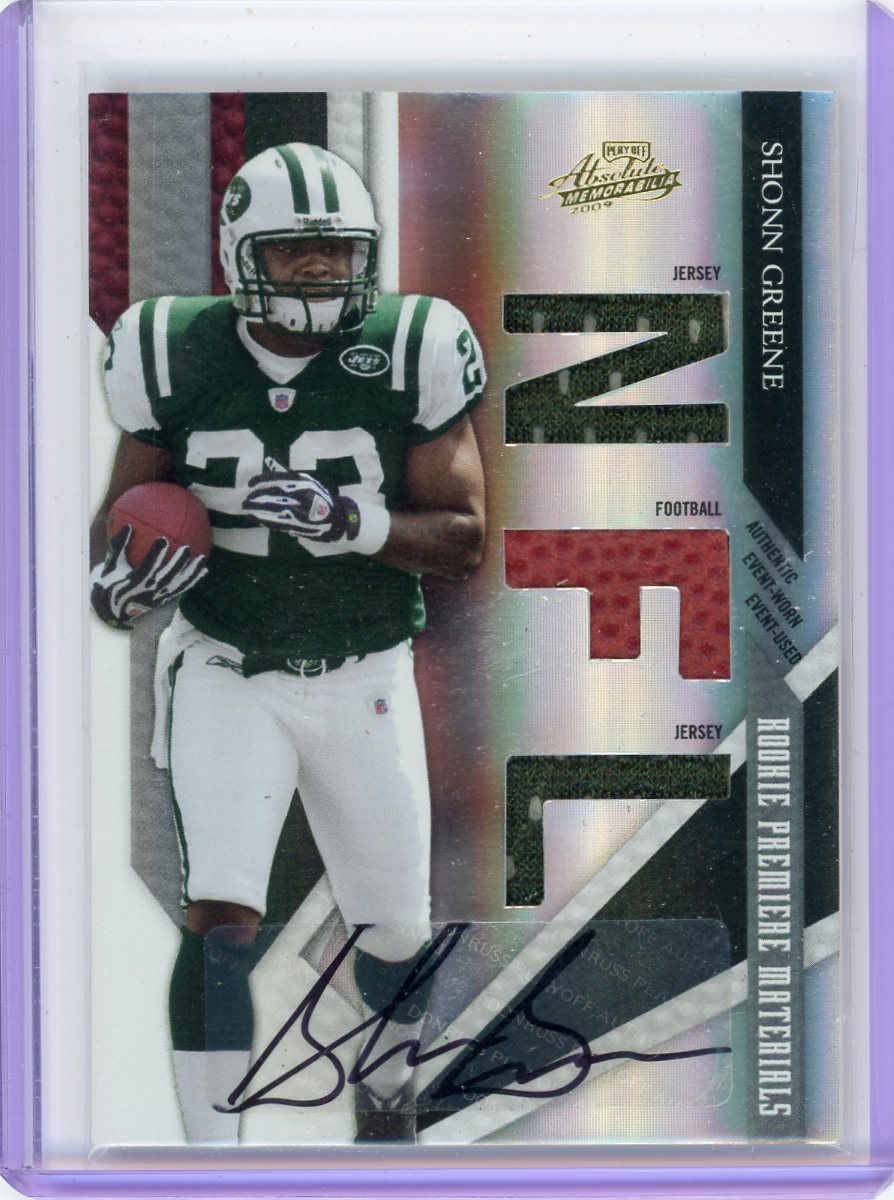 Shonn Greene 2009 Panini Donruss Absolute Memorabilia Rookie Premiere Materials NFL autograph auth. game-used football/jersey relic #'d 107/299