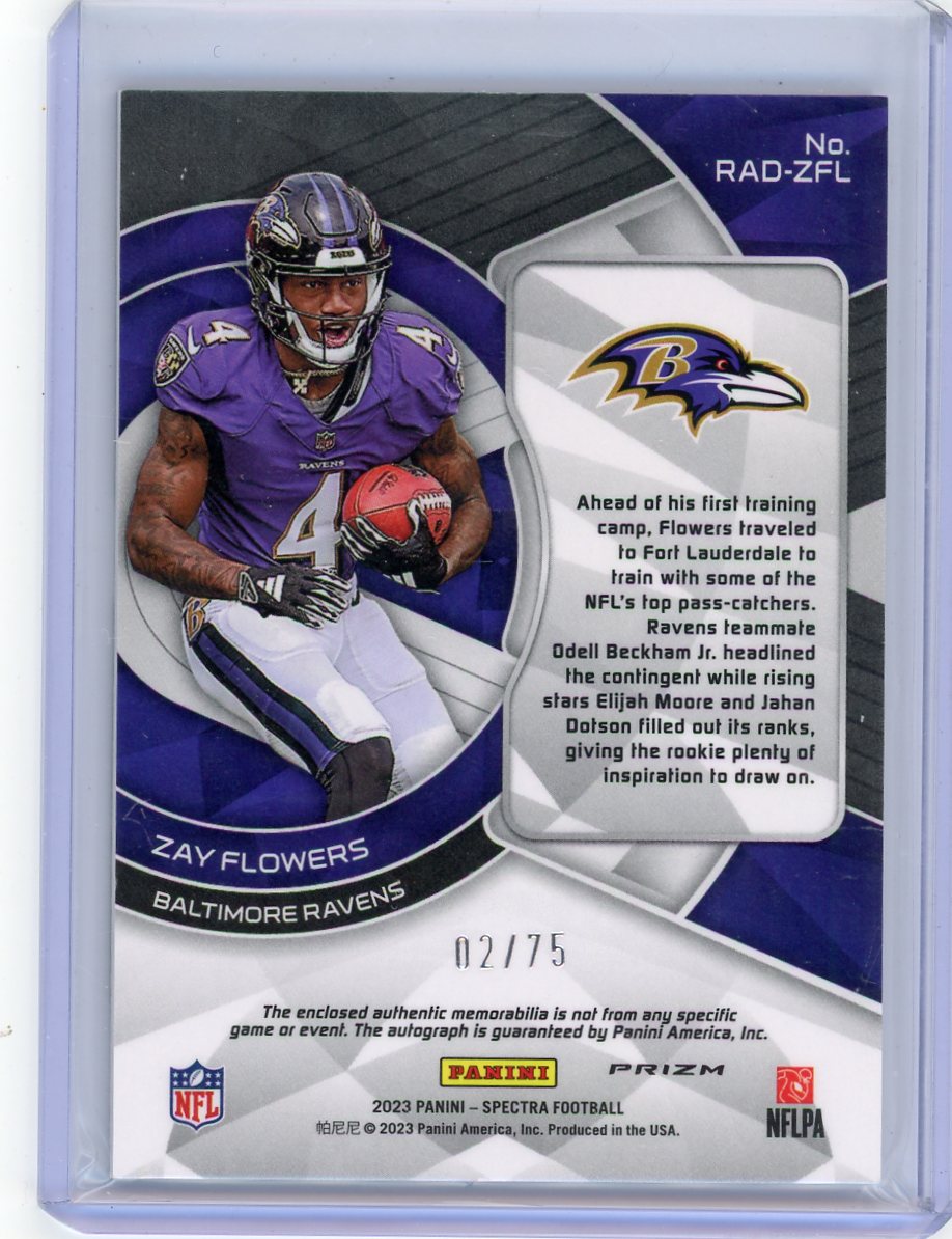 Zay Flowers 2023 Panini Spectra Radiant Rookie Patch Auto #'d 02/75
