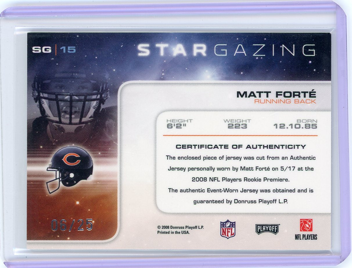 Matt Forte 2008 Donruss Absolute Memorabilia Star Gazing #22 auth. game-used jersey relic #'d 06/25