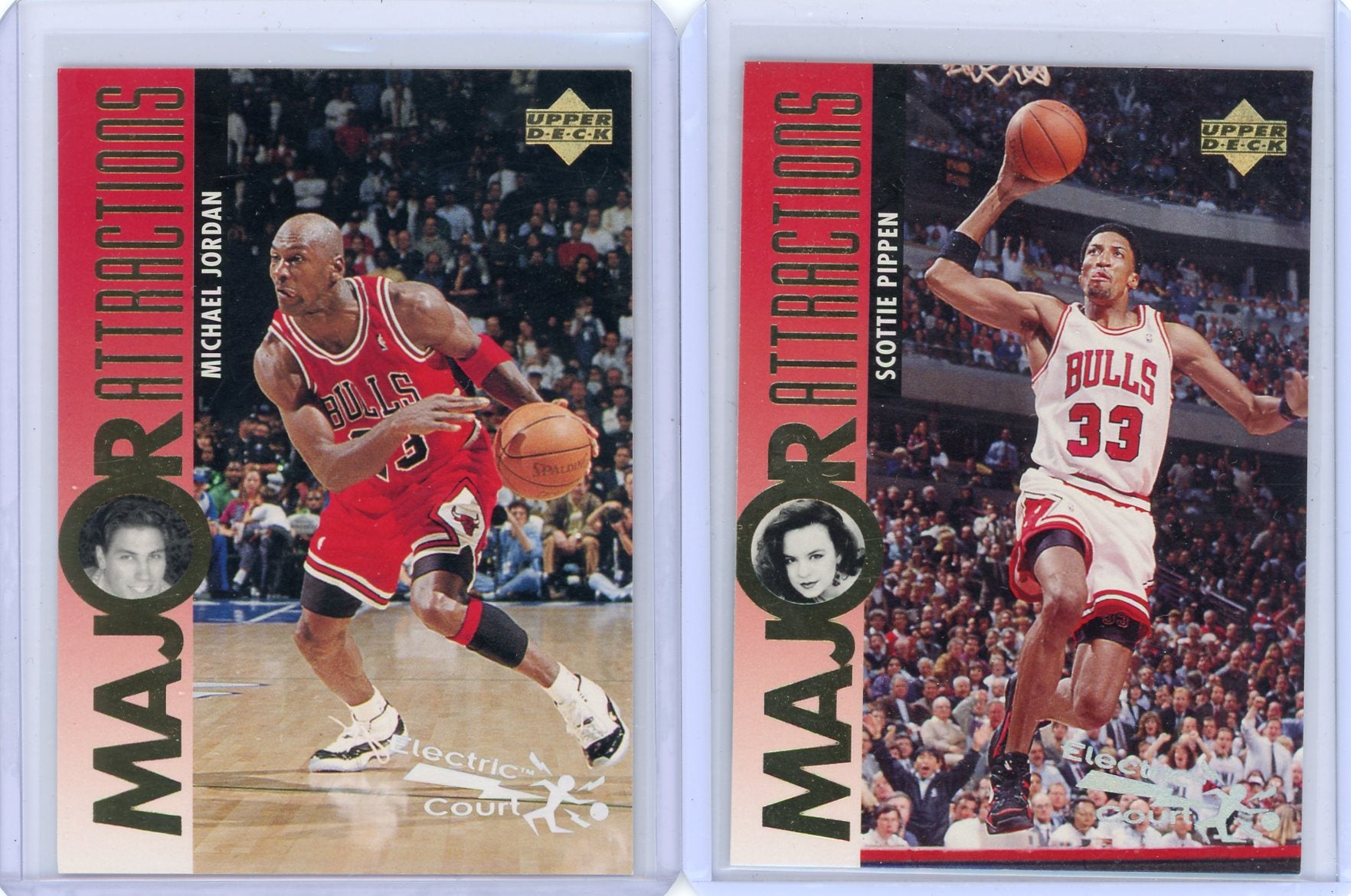 Michael Jordan + Scottie Pippen 1995 Upper Deck Major Attractions Electric Court 2-card lot