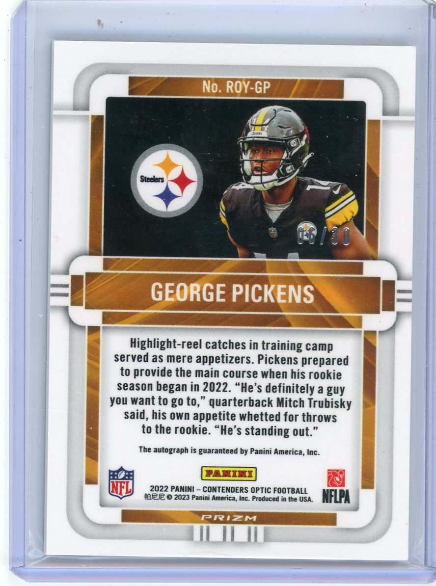 George Pickens 2022 Panini Contenders Optic Rookie of the Year Green Pulsar Auto #'d 06/30
