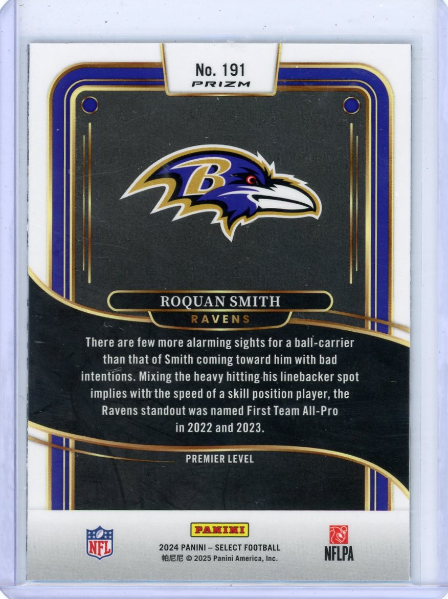 Roquan Smith 2024 Panini Select Premier Level Zebra Shock Prizm