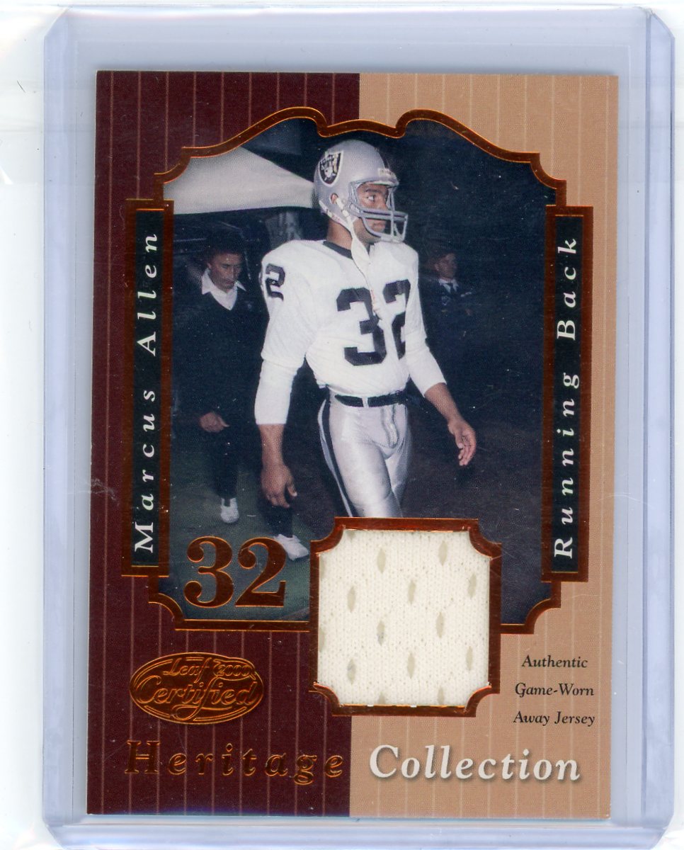 Marcus Allen 2000 Donruss Leaf Certified Heritage Collection auth. game-worn jersey relic #'d 052/100