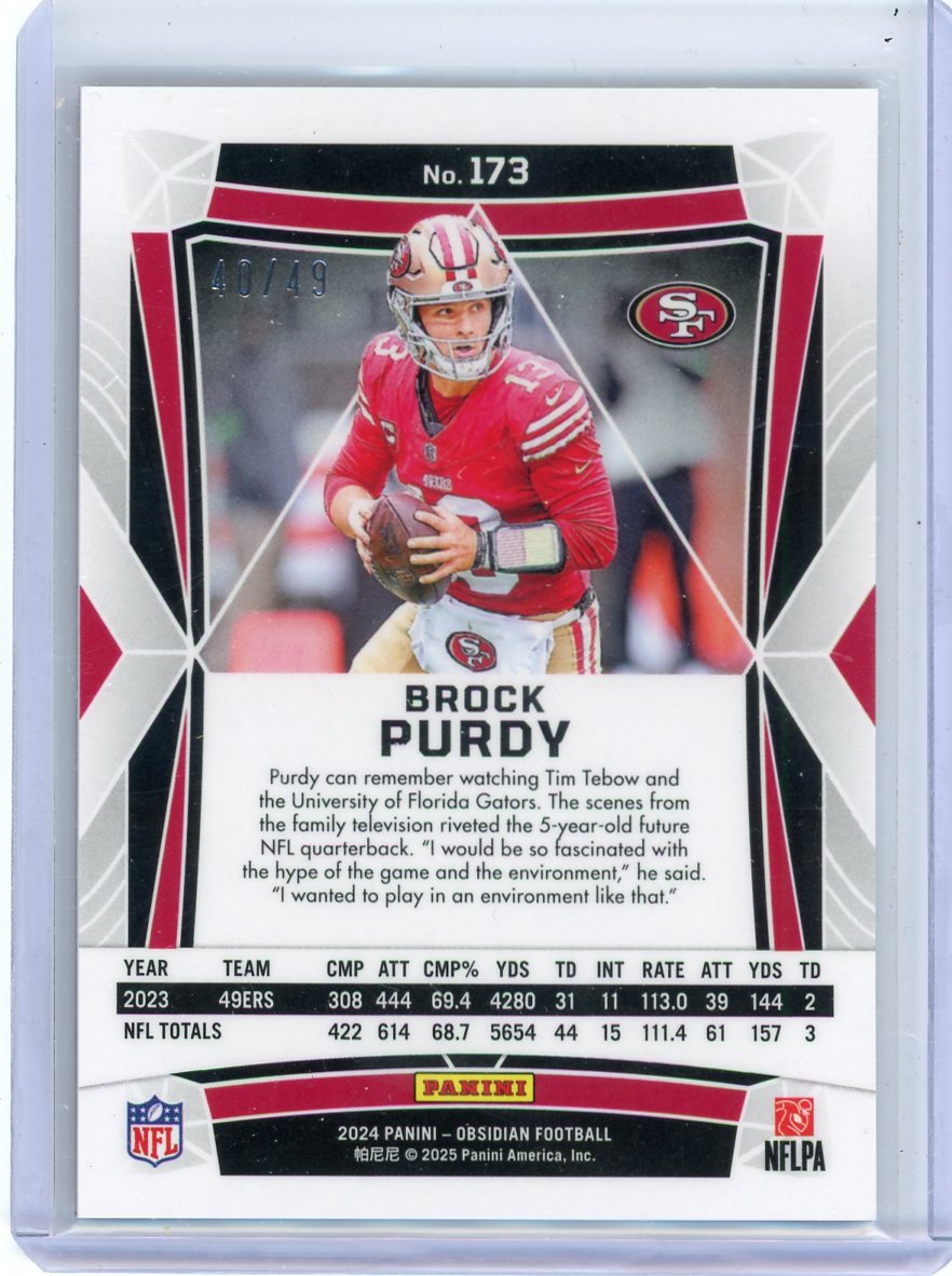 Brock Purdy 2024 Panini Obsidian Red Flood #'d 40/49