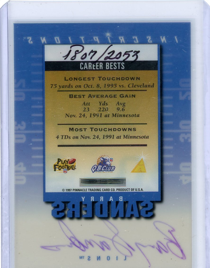 Barry Sanders 1997 Pinnacle Inscriptions Autograph #'d 1214/2053