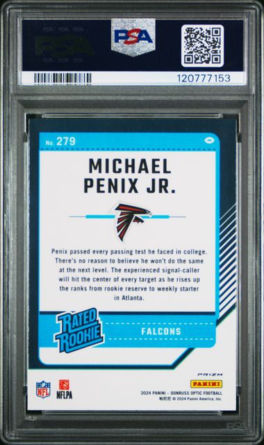 Michael Penix Jr. 2024 Panini Donruss Optic Purple Shock prizm rookie card PSA 9