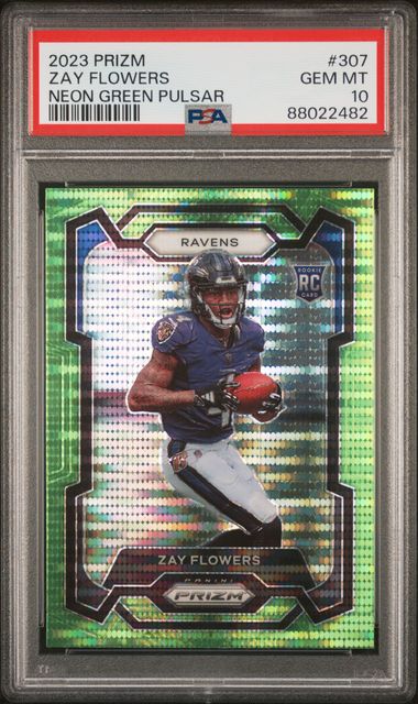 Zay Flowers 2023 Panini Prizm Neon Green Pulsar Rookie PSA 10