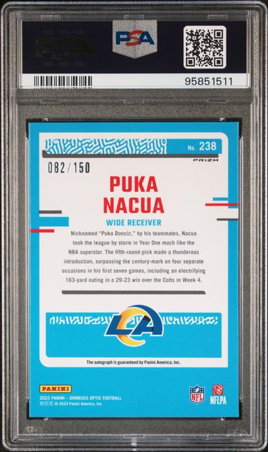 Puka Nacua 2023 Panini Donruss Optic autograph holo prizm rc #'d 082/150 PSA 10
