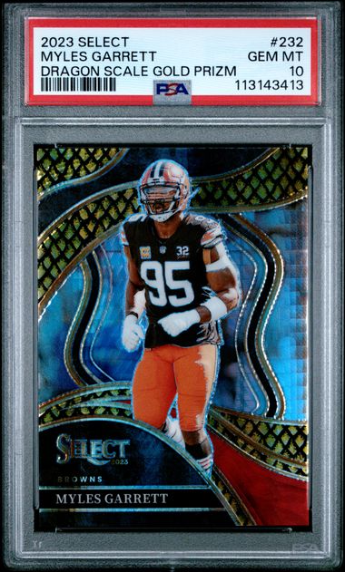 Myles Garrett 2023 Select Club Level Dragon Scale Gold Prizm #'d 09/10 PSA 10