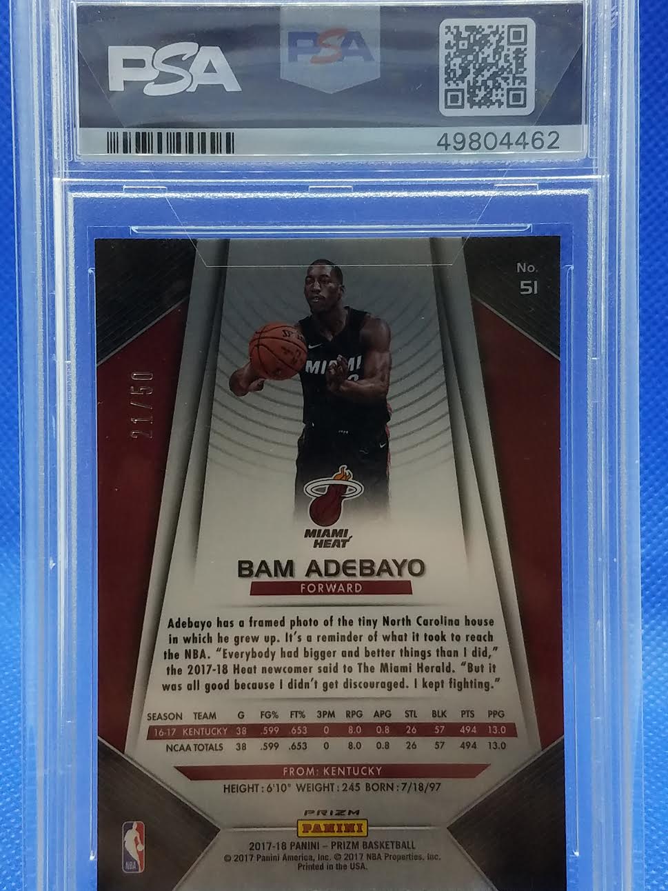 Bam Adebayo 2017 Panini Prizm Pink Fast Break 21/50 PSA 9