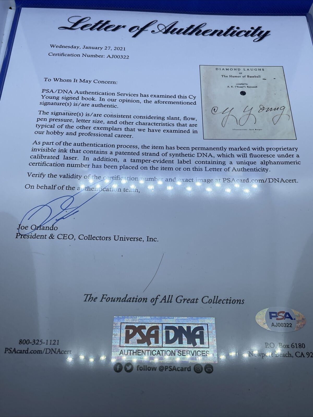 Cy Young Diamond Laughs Framed Cut Signature PSA 9