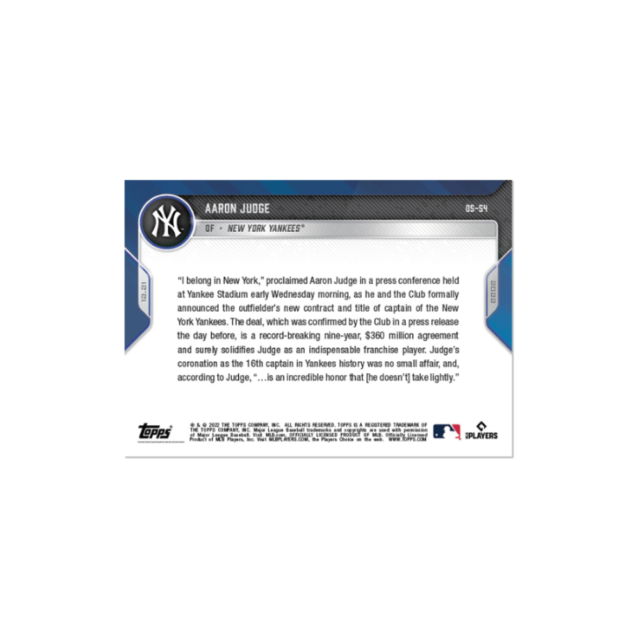 Aaron Judge 16th Captain In Yankees History 2022 MLB TOPPS NOW Card OS54