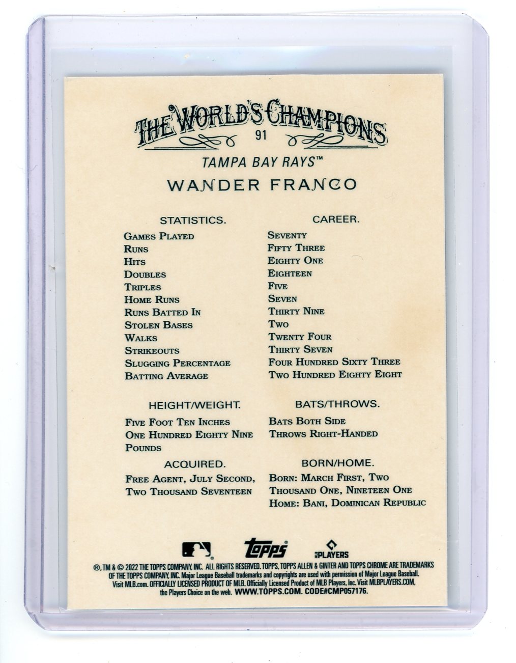 Wander Franco 2022 Topps Chrome Allen & Ginter Rookie Card