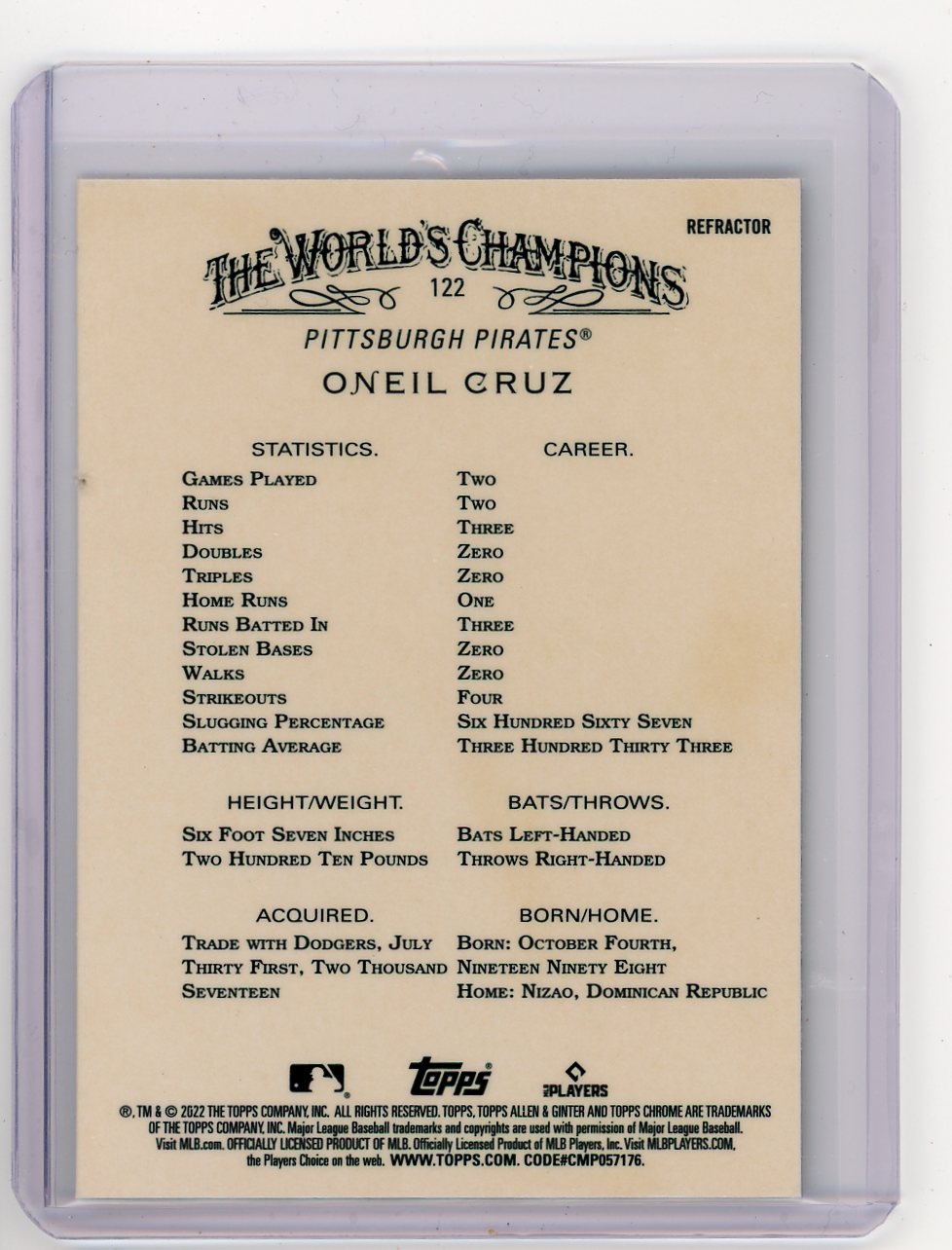 Oneil Cruz 2022 Topps Chrome Allen & Ginter Refractor Rookie Card