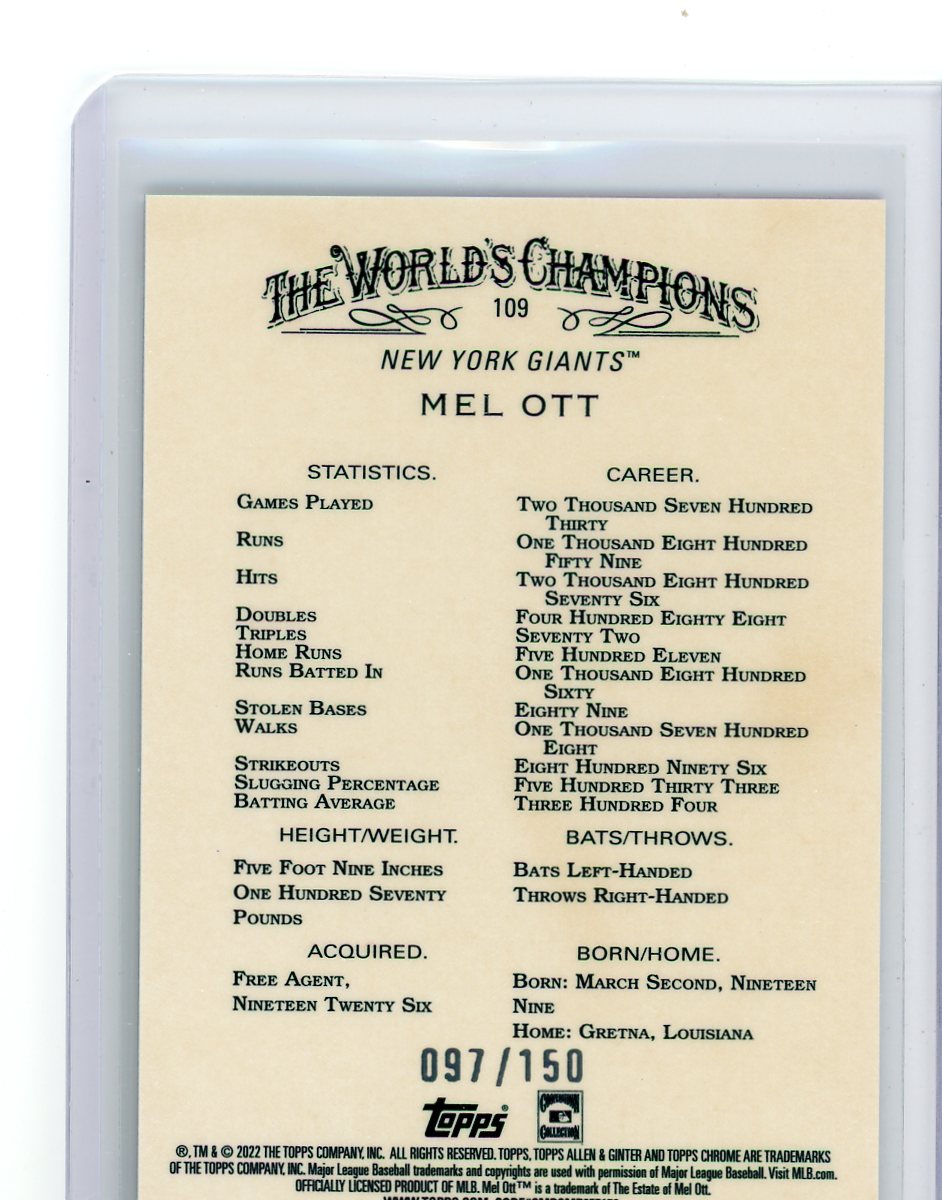 Mel Ott 2022 Topps Chrome Allen & Ginter Blue Refractor #'d 097/150