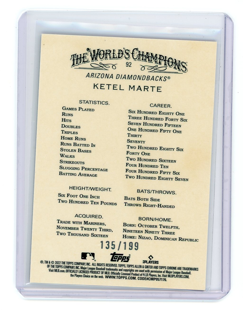 Ketel Marte 2022 Topps Chrome Allen & Ginter Magenta Refractor #'d 135/199