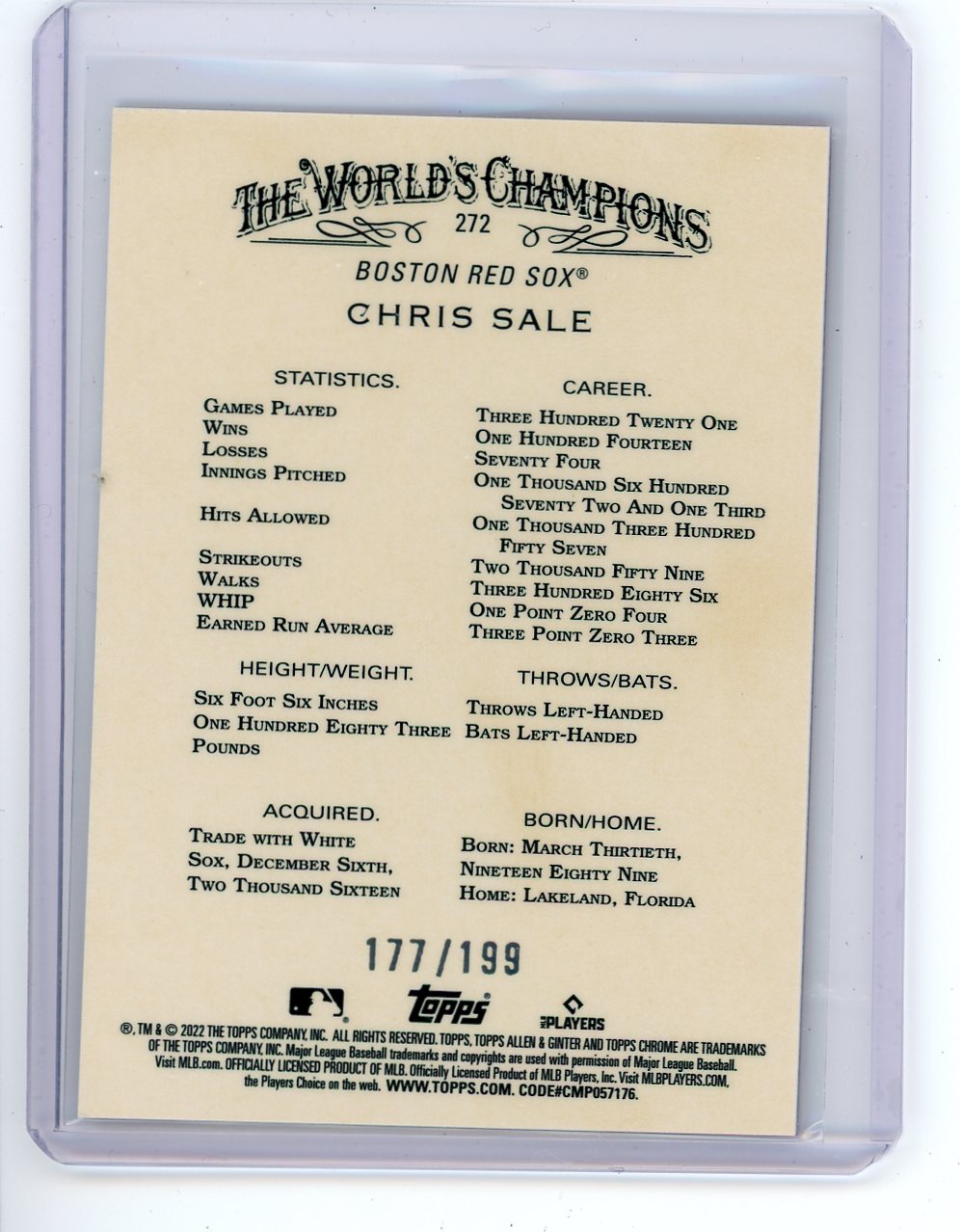 Chris Sale 2022 Topps Chrome Allen & Ginter Magenta Refractor #'d 177/199