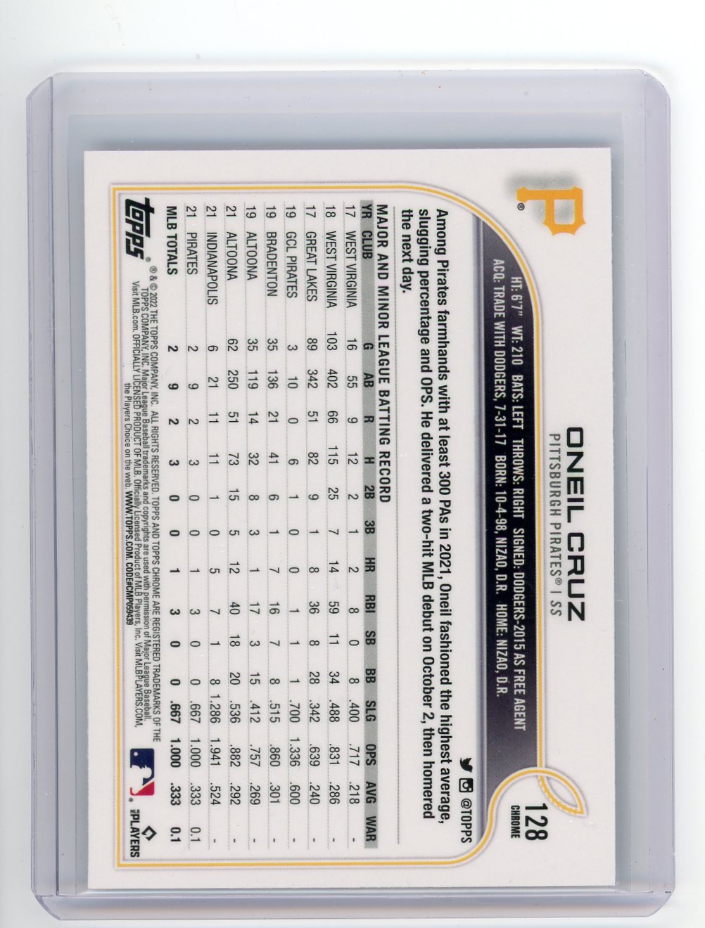 Oneil Cruz 2022 Topps Chrome Prism Refractor Rookie Card