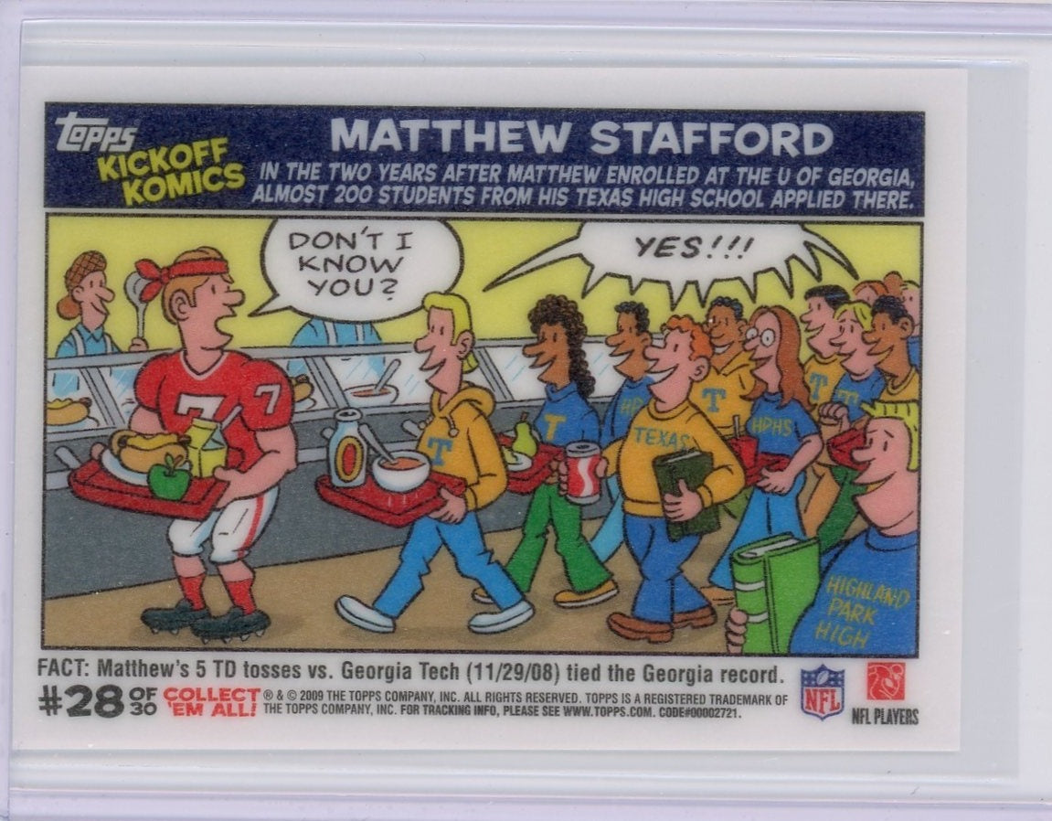 Matthew Stafford 2009 Topps NFL Kickoff Komics #28 of 30 rookie card