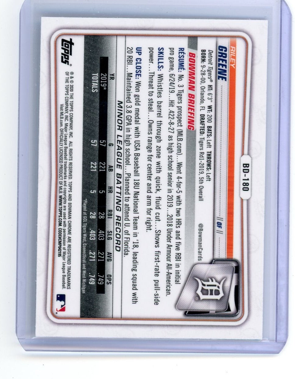 Riley Greene 2020 Bowman Chrome Speckle Refractor #BD-180