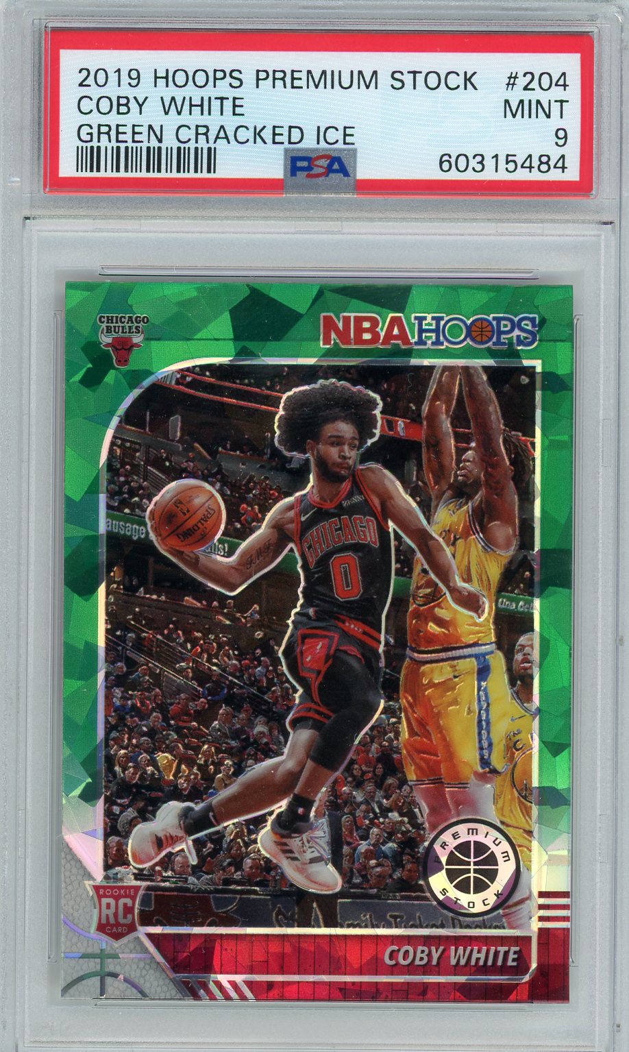 Coby White 2019 Panini NBA Hoops Premium Stock Green Cracked Ice Prizm rookie card PSA 9
