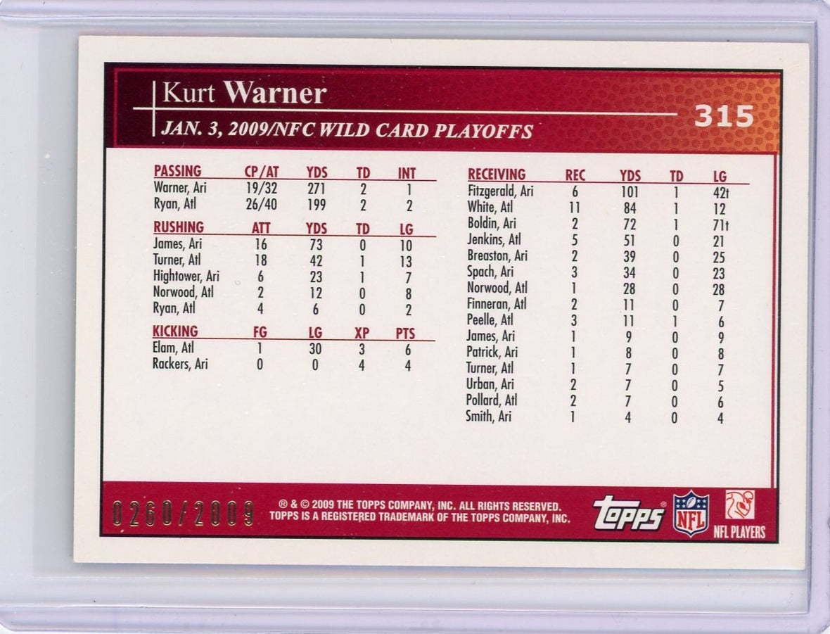 Kurt Warner 2009 Topps Postseason Highlights 54 Years of Collecting gold #'d 0260/2009