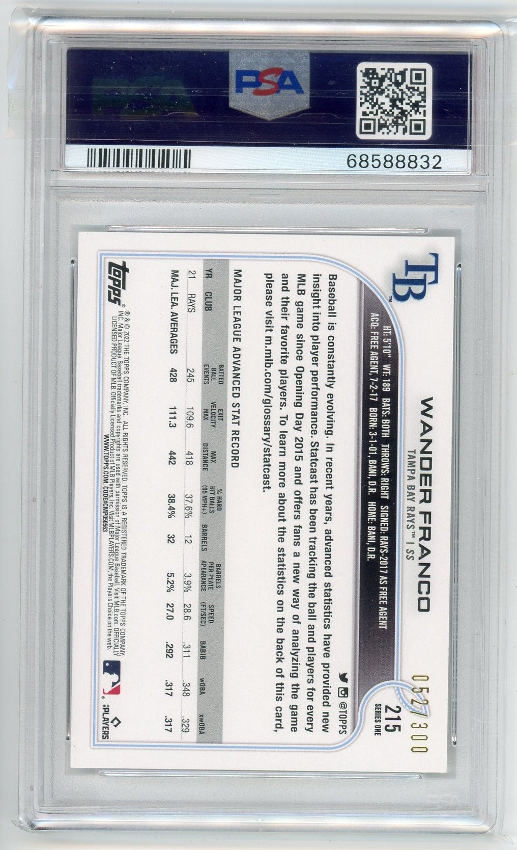 Wander Franco 2022 Topps Advanced Stat 052/300 PSA 9 #215