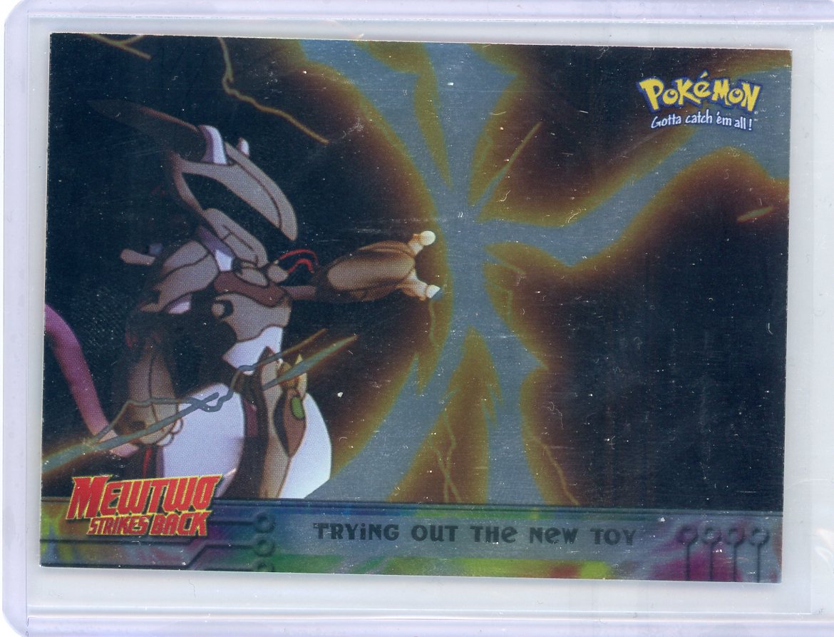 Mewtwo Strikes Back "Trying out the New Toy" 1998 Topps Pokmon Movie Animation Edition blue logo foil #7 Mewtwo Strikes Back "Trying out the New Toy" 1998 Topps Pokmon Movie Animation Edition blue logo foil #7