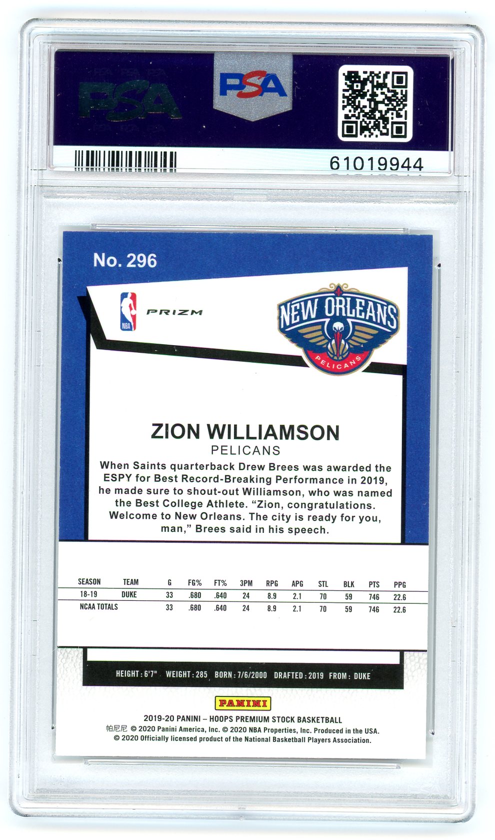 Zion Williamson 2019 Hoops Premium Stock Silver Laser Rookie PSA 10