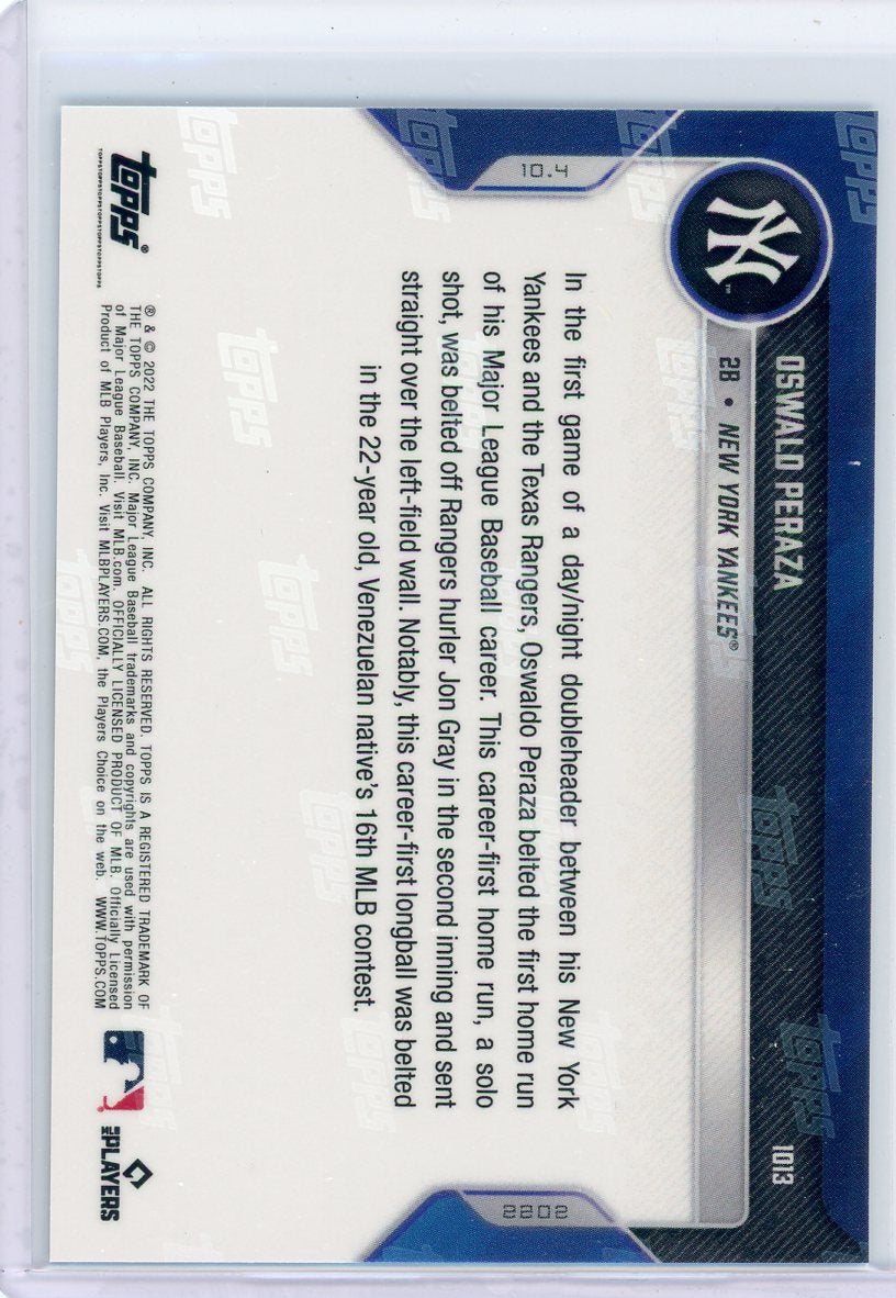Oswald Peraza 2022 Topps NOW #1013 "Prospect Hits 1st Career MLB HR in Win vs. Texas"