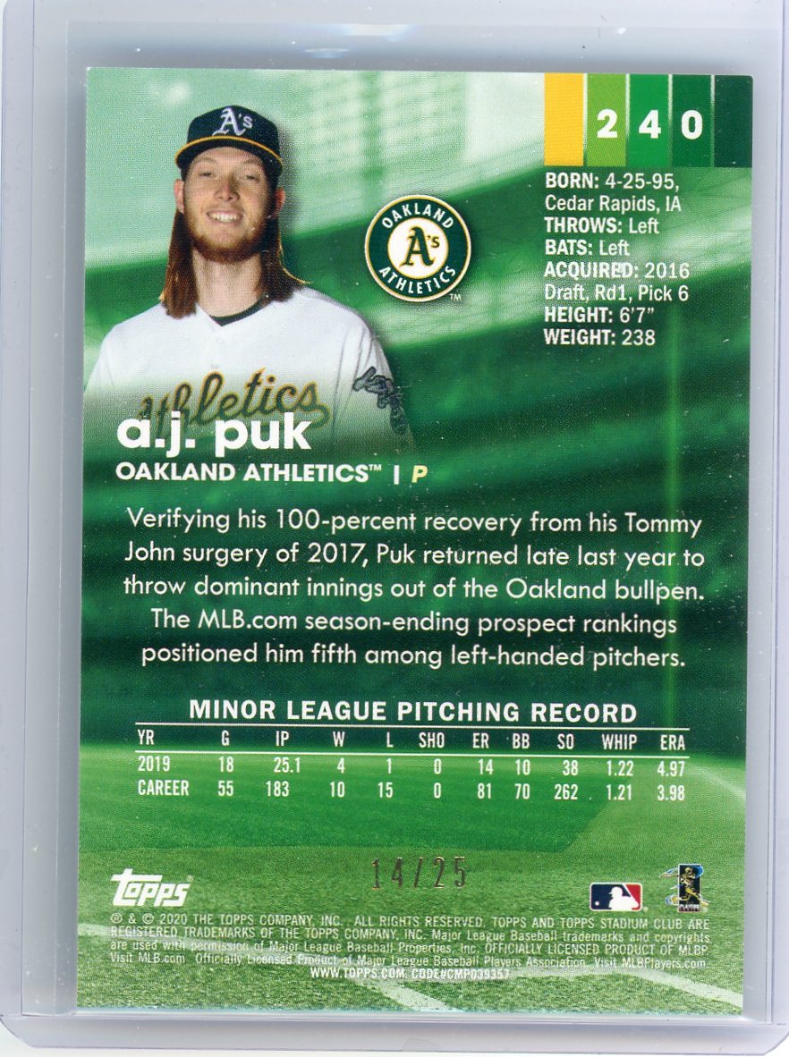 A.J. Puk 2020 Topps Stadium Club rookie foil #'d 14/25