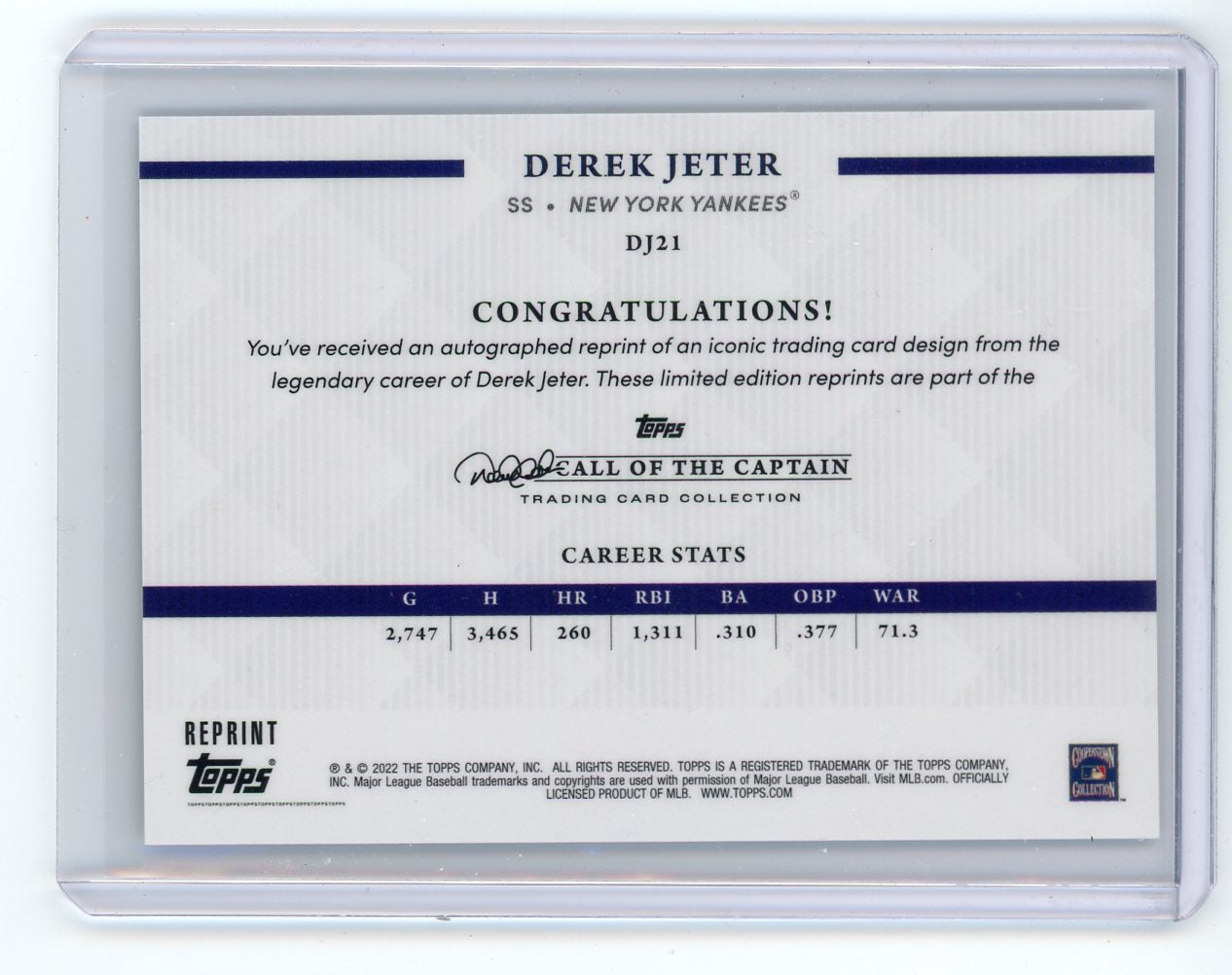 Derek Jeter 2022 Topps Call of the Captain reprint foil #DJ21