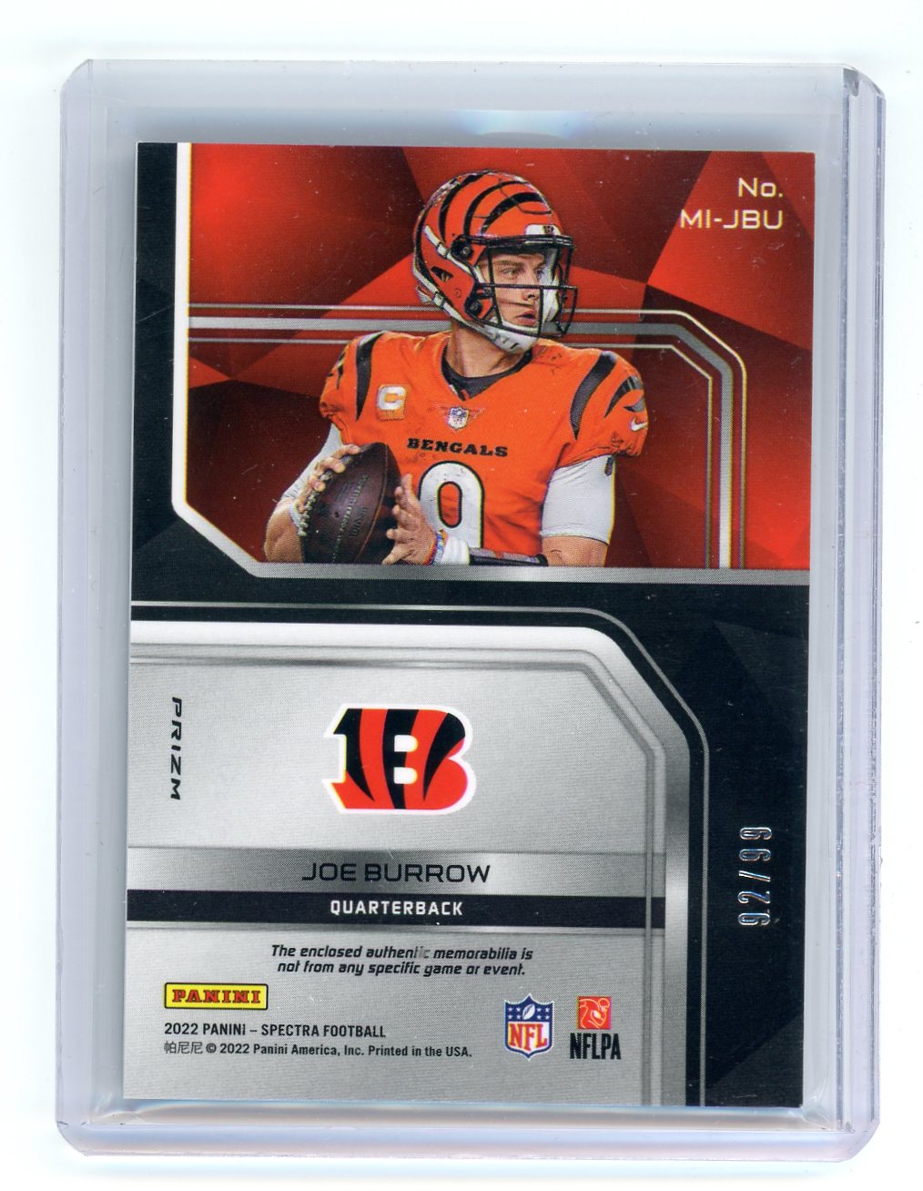 Joe Burrow 2022 Panini Spectra Max Impact silver prizm relic #'d 92/99