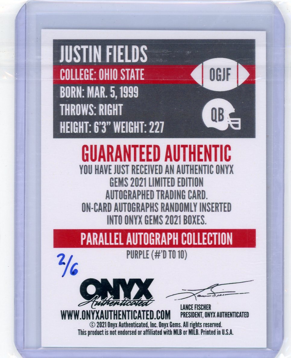 2021 Onyx Gems Justin Fields red autograph /6