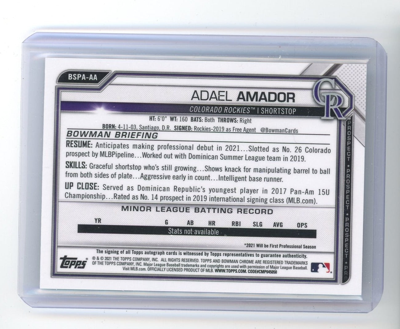 Adael Amador 2021 1st Bowman Sapphire autograph green #'d 19/50