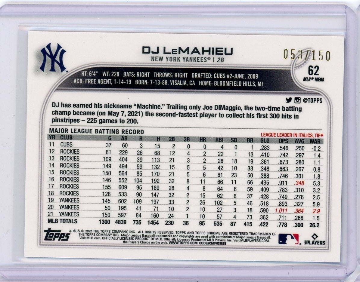 DJ LeMahieu 2022 Topps Chrome Logofractor blue refractor #'d 053/150
