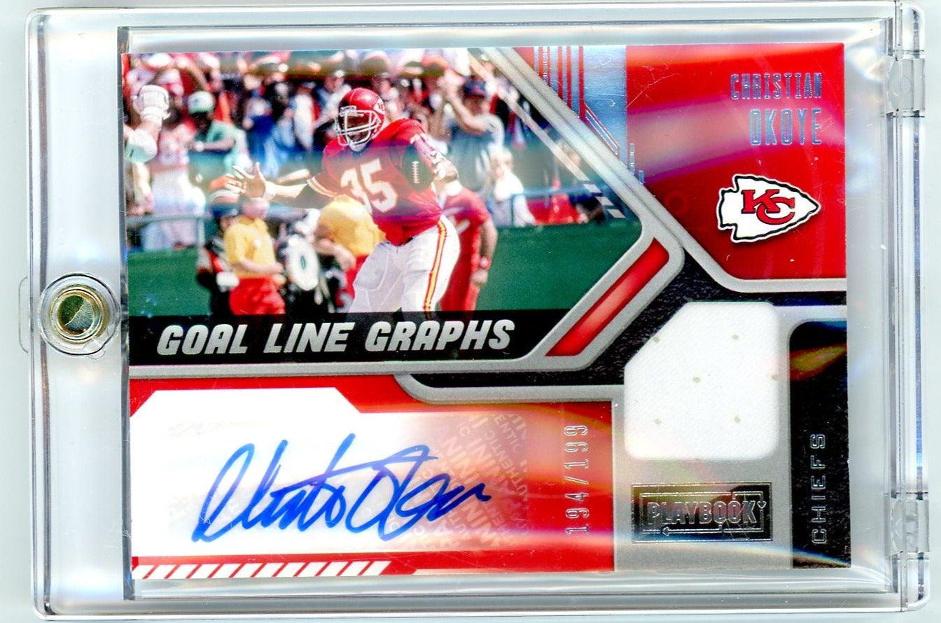 Christian Okoye 2021 Panini Playbook Goal Line Graphs & relic #'d 194/199