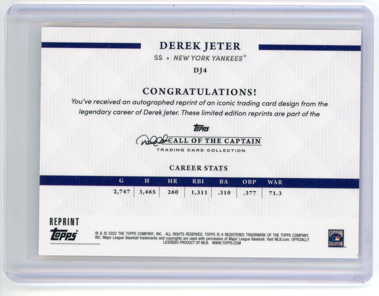 Derek Jeter 2022 Topps Call of the Captain reprint foil #DJ4