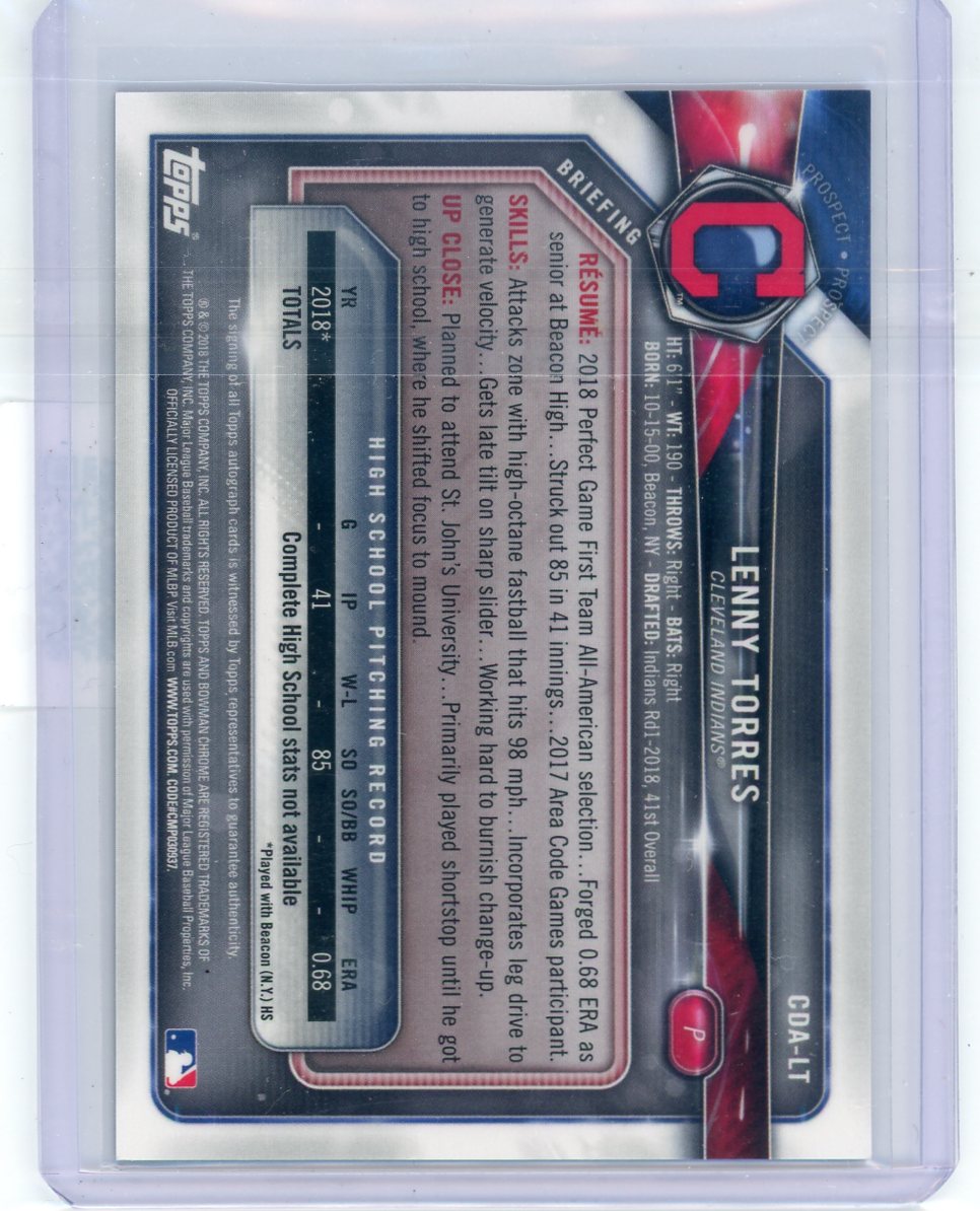2018 Bowman Chrome 1st Purple Lenny Torres Auto Cleveland Indians /250