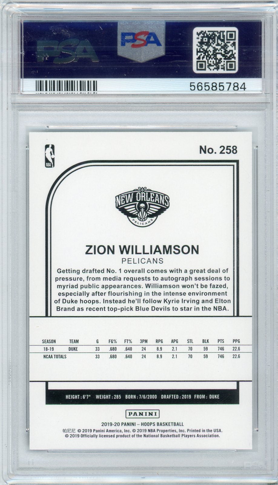 Zion Williamson 2019 Panini Hoops rc #258 PSA 9