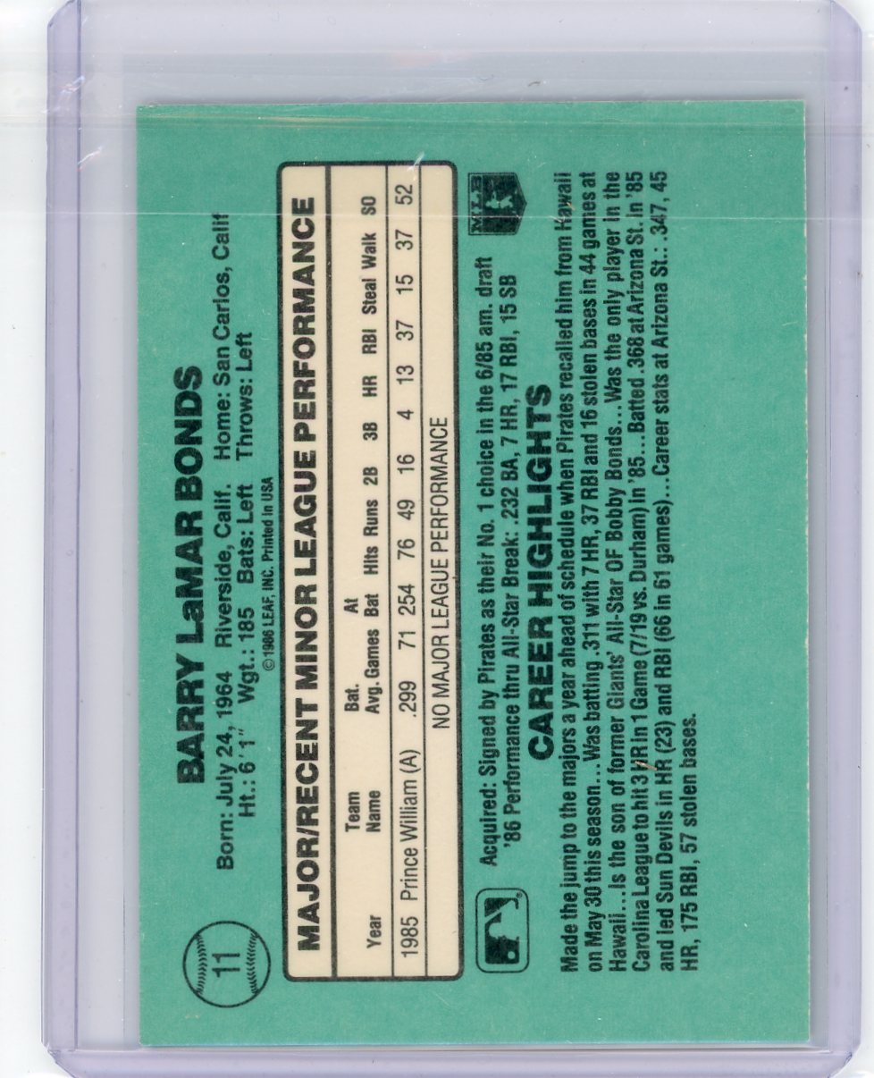 Barry Bonds 1986 Donruss The Rookies rookie card