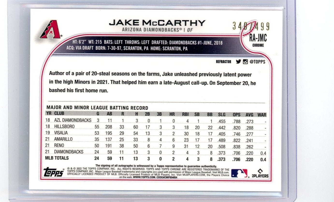 Jake McCarthy 2022 Topps Chrome refractor autograph rookie card #'d 340/499