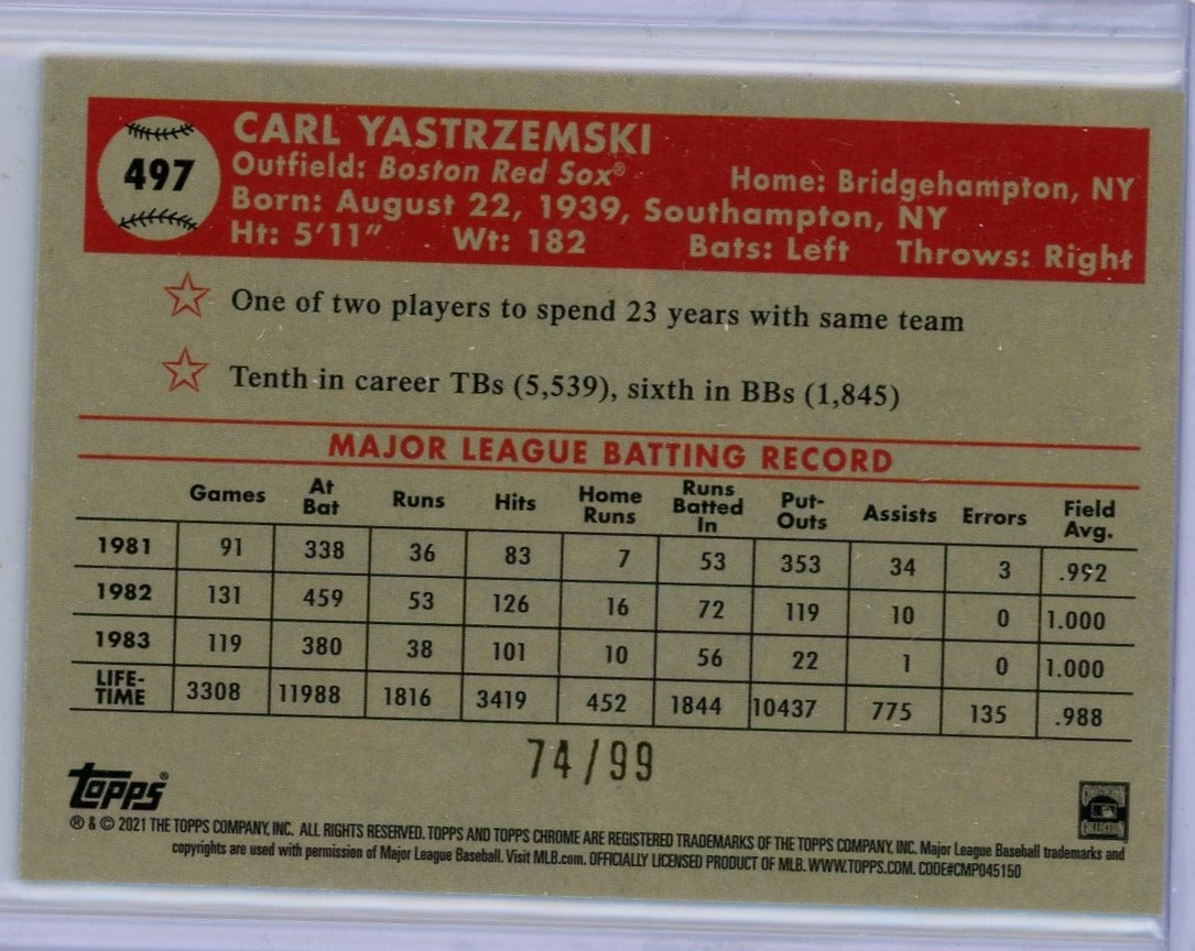 Carl Yastrzemski 2021 Topps Chrome Platinum Anniversary 70th Anniversary #'d 74/99