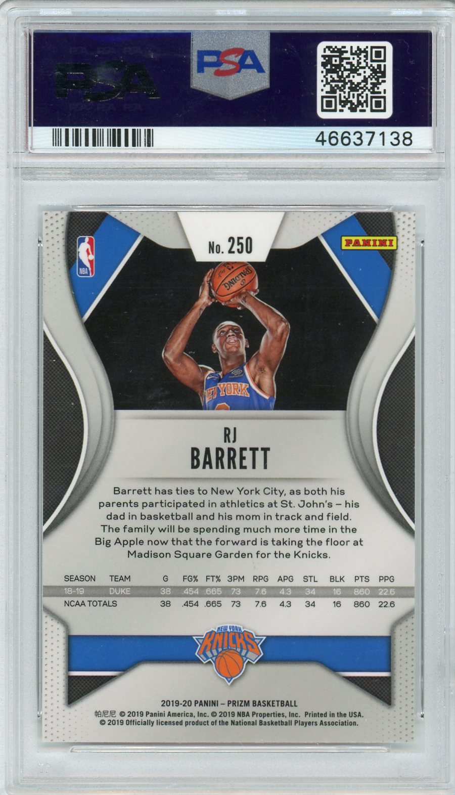 RJ Barrett 2019 Panini Prizm (shooting variation) rookie card PSA 9