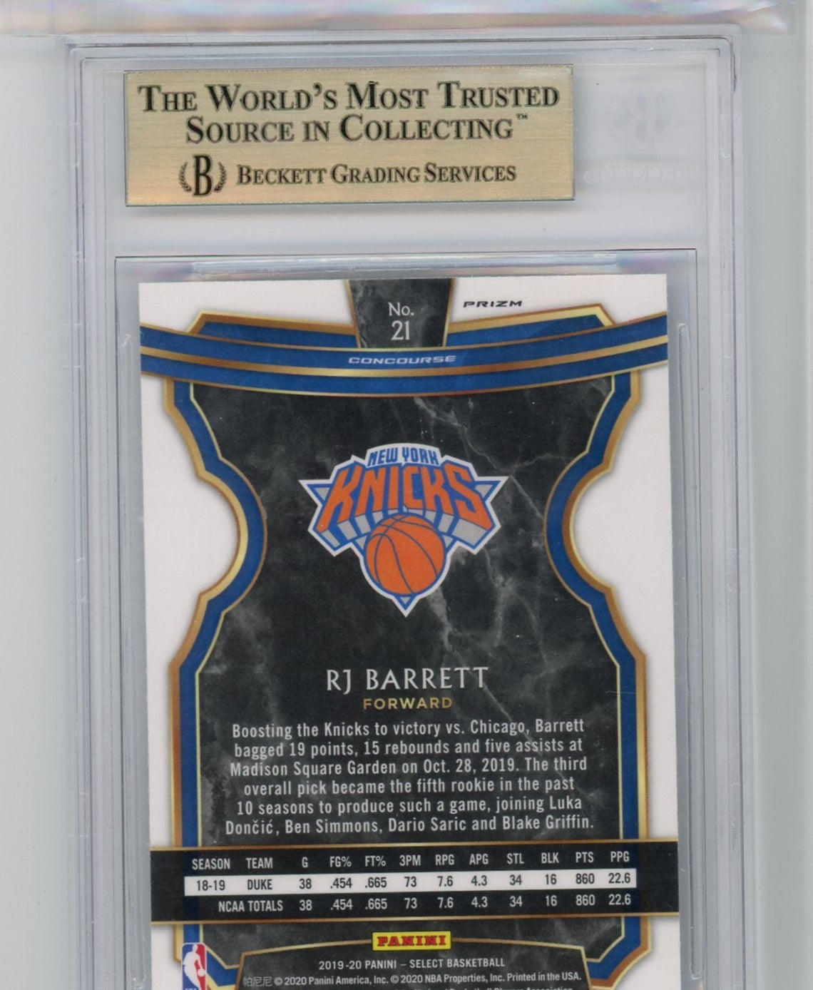 RJ Barrett 2019-20 Panini Select Tri Color Prizms rookie card BGS 9.5