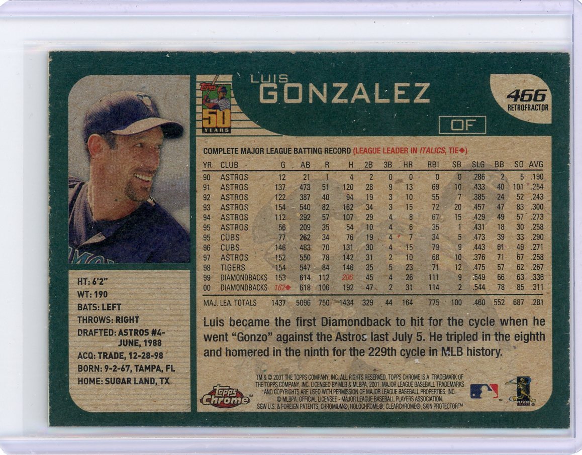Luis Gonzalez 2001 Topps Chrome Gold Retrofractor #466