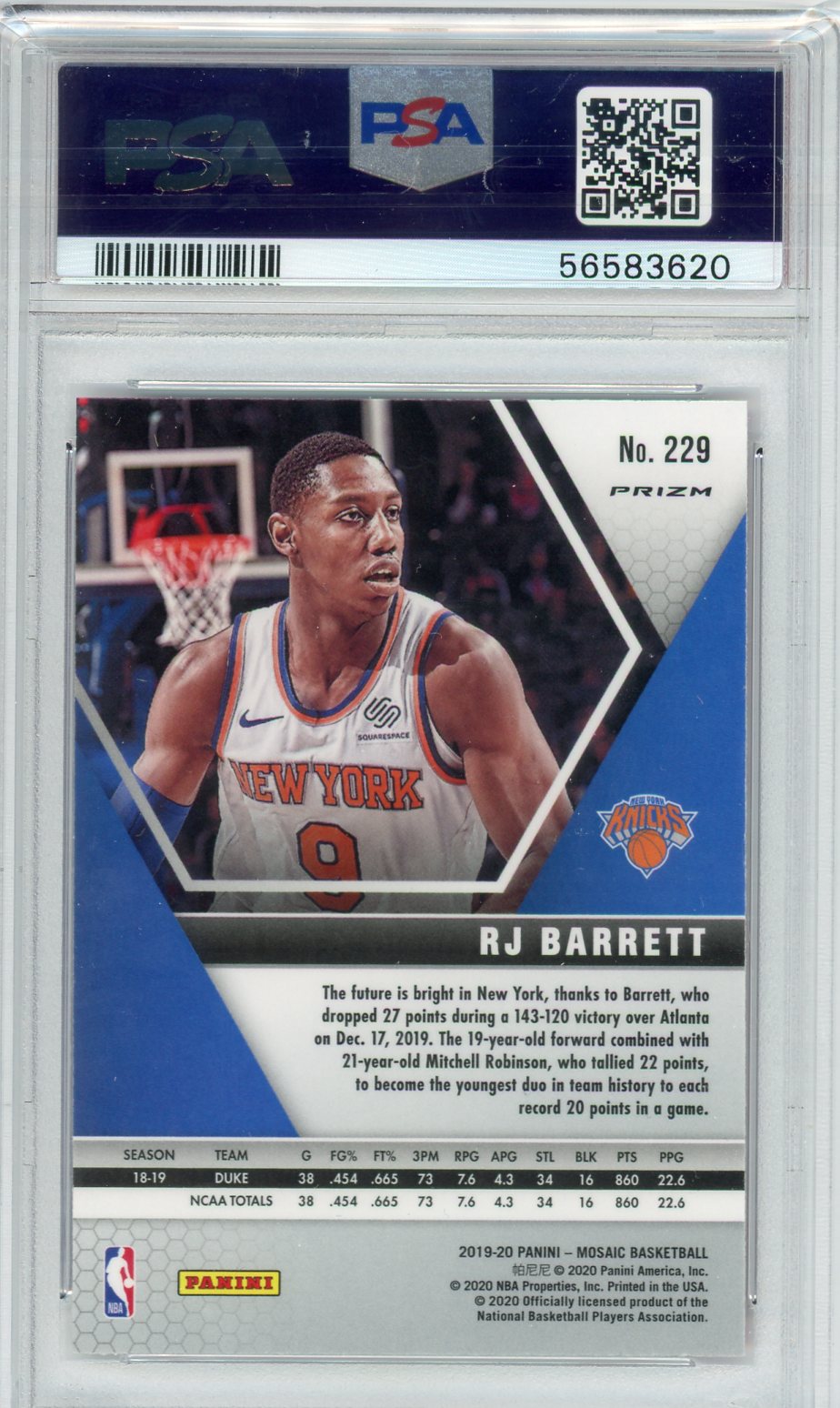 RJ Barrett 2019 Panini Mosaic Pink Camo rookie card PSA 9